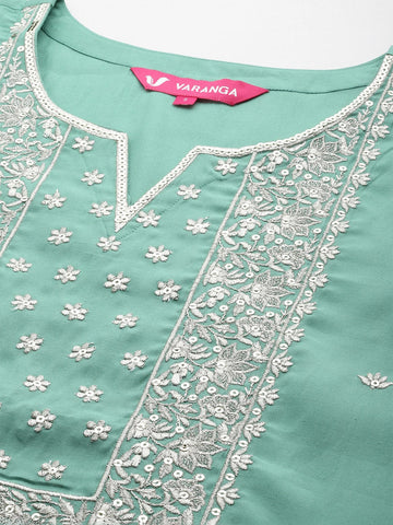 Sea Green Embroidered Straight Kurta Paired With Tonal Bottom And Net Dupatta